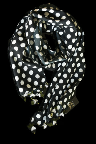 GiGi Collection Oblong Silk Scarf - Black & White dots with White & Green lace