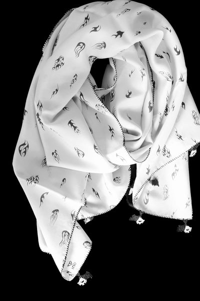 GiGi Collection Oblong Silk Scarf - White & Black abstract flames with White & Navy & Green lace