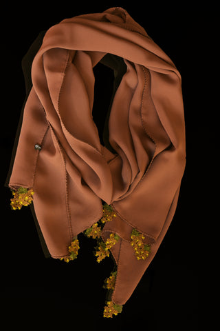 GiGi Collection Oblong Silk Scarf - Sienna  Brown with  Brown & Green lace