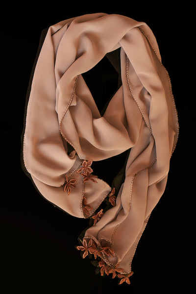 GiGi Collection Oblong Silk Scarf - Milk Chocolate  Brown with  Dark Brown & Green lace flowers