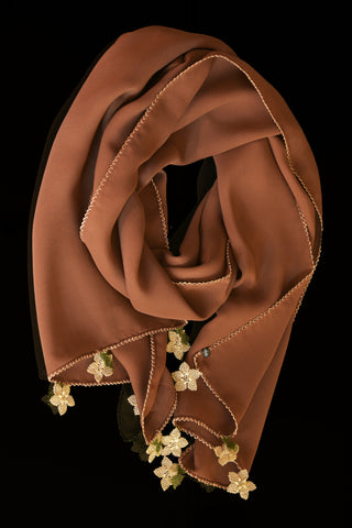 GiGi Collection Oblong Silk Scarf - Sienna  Brown with  Wheat Brown & Green lace flowers