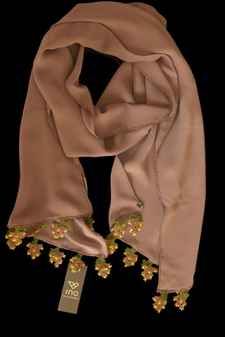 GiGi Collection Oblong Silk Scarf - Milk Chocolate  Brown with  Dark Brown & Green & Yellow lace