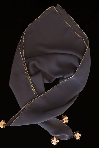 GiGi Collection Silk Neck Scarf - Midnight Blue with Cream & Brown & Green lace