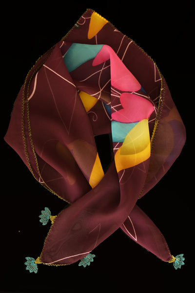GiGi Collection Silk Neck Scarf  - Maroon & Yellow & Pink & Turquoise with Turquoise and Green lace