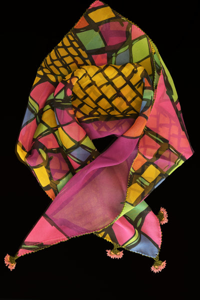 GiGi Collection Silk Neck Scarf  - Yellow & Magenta & Orange & Blue & Green & Black with Pink & Green lace