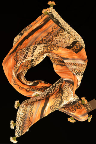 GiGi Collection Silk Neck Scarf  - Dark Orange & Black & Cream Ikat Pattern with Cream & Dark Orange & Green lace