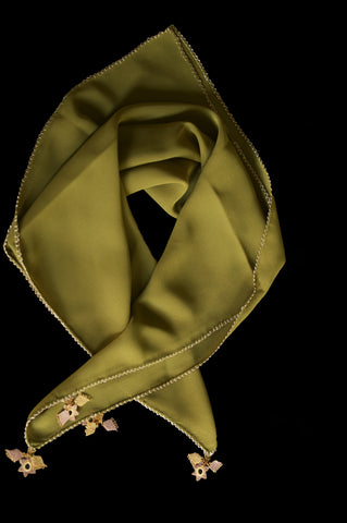 GiGi Collection Silk Neck Scarf - Forest Green with Cream & Dark Cream lace