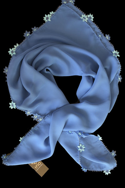 GiGi Collection Silk Neck Scarf  - Cornflower Blue  with Cornflower Blue & Powder Blue & White lace flowers