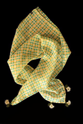 GiGi Collection Silk Neck Scarf  - Yellow & Green & Cream with White & Green lace