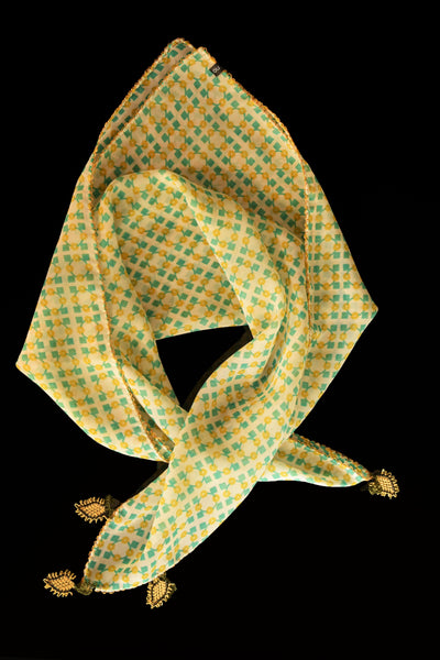 GiGi Collection Silk Neck Scarf  - Yellow & Green & Cream with Yellow & Green & Black lace