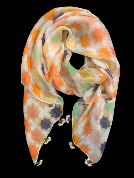 GiGi Collection Oblong Silk Scarf - Orange Green Yellow with White & Yellow lace