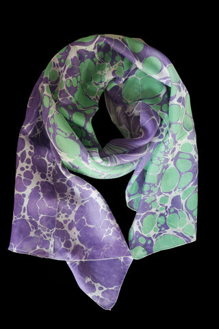 Swerve Collection Handmade Silk Scarf - Darkorchid Purple & Aquamarine marbled silk