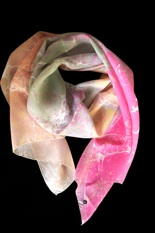 Swerve Collection Handmade Silk Scarf - Magenta & Peach & Darksea Green marbled silk
